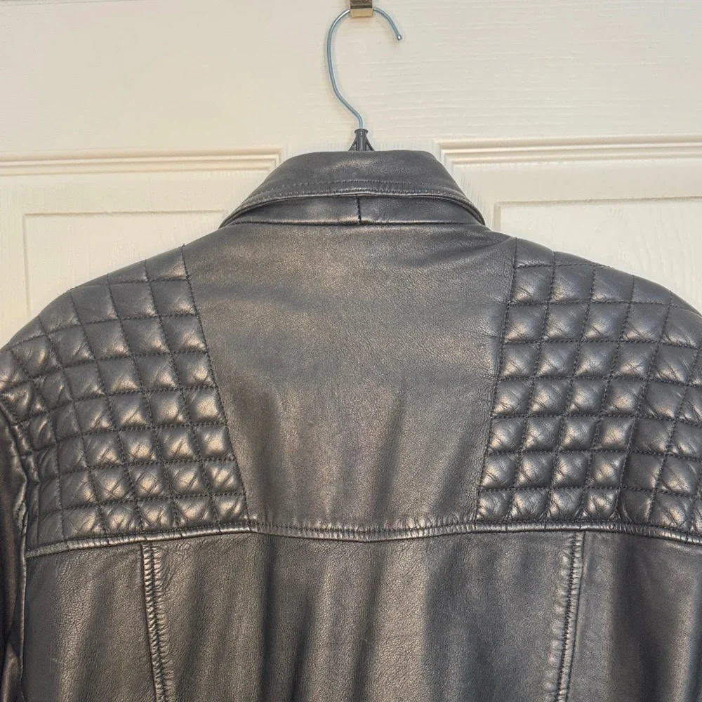 All Saints Mens Black Leather Biker Jacket with Quilted Shoulders